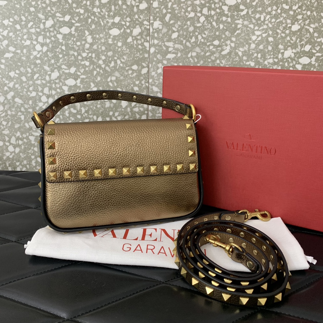 Valentino Garavani Rockstud Small Shoulder Bag in Gold Grainy Calfskin